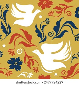 seamless pattern with flying white  birds, dove and flowers , wallpaper design, fabric pattern