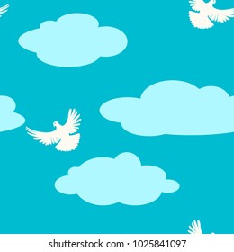 Seamless pattern of flying white doves and blue clouds