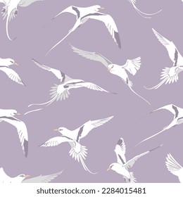 Seamless pattern with flying white-tailed tropicbird. Vector illustration.