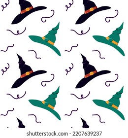 Seamless pattern of flying witch hats for Halloween. Cute holiday print. Vector illustration on a white background for decor, wrapping paper