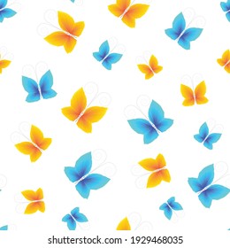 Seamless pattern of flying yellow and blue butterflies on a white background