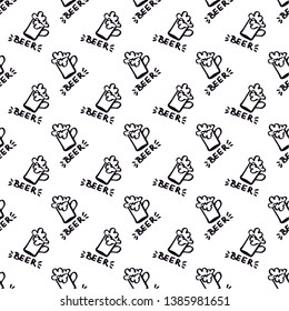 Seamless pattern with foam beer. Mug of beer. Lettering "beer".  Black and white background with beer. 