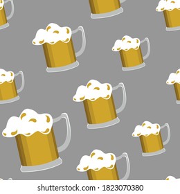 Seamless pattern with foam beer mugs. Vector illustration for the background