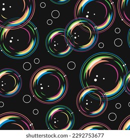 Seamless pattern with foam soap bubbles on black background in vintage style. Vector colorful illustration.