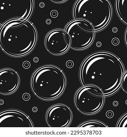 Seamless pattern with foam soap bubbles on black background in vintage style. Vector colorful illustration.