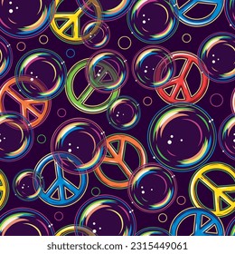 Seamless pattern with foam soap bubbles, peace sign on dark purple background in vintage style. Concept of fragility, illusion of peace. Good for apparel, fabric, textile design