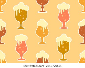 Patrón sin foco con cerveza de espuma en un vaso de tallo. Bebida alcohólica refrescante en un vaso con un trazo blanco en un estilo plano. Diseño para impresión y publicidad. Ilustración de Veeton
