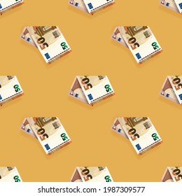 Seamless pattern. Folded EU paper money. Symmetrically staggered 50 euro banknotes on a light background with shadows