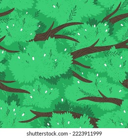 Seamless pattern with foliage and branches of a lush tree. Pattern in juicy green color. Flat vector illustration.