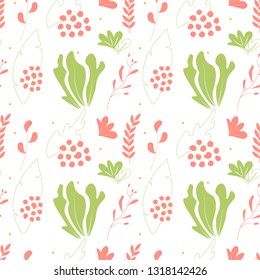 Seamless pattern with foliage, flowers and spots. Spring motives. Vector.
