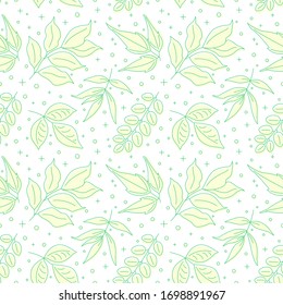 Seamless pattern with foliage. Linear vector illustration. Green line with pastel yellow shadow on a white background