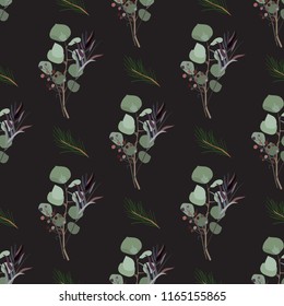 Seamless pattern of foliage natural branches, green leaves, herbs, tropical plant hand drawn, Vector fresh beauty rustic eco friendly background