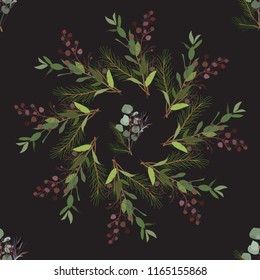 Seamless pattern of foliage natural branches, green leaves, herbs, tropical plant hand drawn, Vector fresh beauty rustic eco friendly background