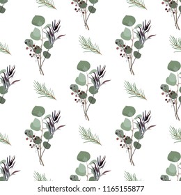 Seamless pattern of foliage natural branches, green leaves, herbs, tropical plant hand drawn, Vector fresh beauty rustic eco friendly background