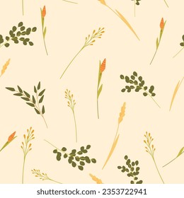 Seamless pattern of  foliage natural branches, green leaves, herbs. Vector fresh beauty rustic eco friendly background