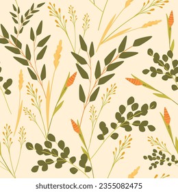 Seamless pattern of  foliage natural branches, green leaves, herbs. Vector fresh beauty rustic eco friendly background
