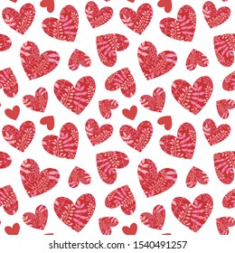 Seamless pattern with foliage red hearts. Vector Valentine's Day background.