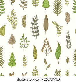 Seamless pattern with foliage. Spring, summer fashion background with hand drawn leaves, soft colors. Wrapping, fabric. Vector illustration. 
