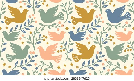 Seamless pattern with folk art birds and botanical branches. Whimsical Scandinavian style design with colorful flying doves and berries on cream background.
