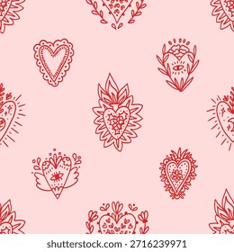 Seamless pattern of folk art or boho heart decorated with flower, flame, moon, stars, leaves, lace. Mexican background with hand drawing elements. Whimsical design