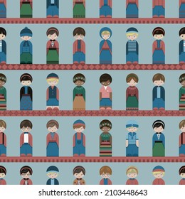 Seamless pattern folk art cartoon people