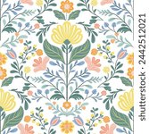 Seamless pattern with folk art design elements. Folk vector illustration with flowers on white background. Scandinavian traditional motif