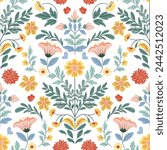 Seamless pattern with folk art design elements. Folk vector illustration with flowers on white background. Scandinavian traditional motif