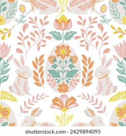 Seamless pattern with folk art design elements. Folk vector illustration with hares and Easter eggs on a white background. Scandinavian traditional motif