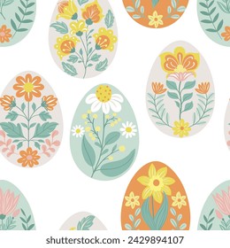 
Seamless pattern with folk art design elements. Folk vector illustration with hares and Easter eggs on a white background. Scandinavian traditional motif