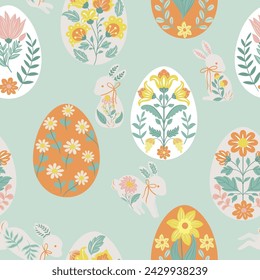 Seamless pattern with folk art design elements. Folk vector illustration with hares and Easter eggs on a white background. Scandinavian traditional motif