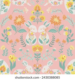 Seamless pattern with folk art design elements. Folk vector illustration with hares and Easter eggs on a white background. Scandinavian traditional motif