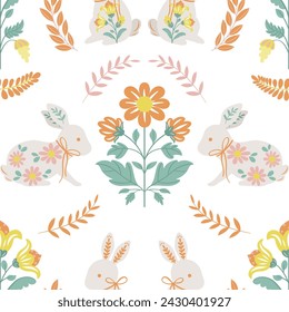 Seamless pattern with folk art design elements. Folk vector illustration with hares and Easter eggs on a white background. Scandinavian traditional motif
