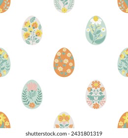 Seamless pattern with folk art design elements. Folk vector illustration with hares and Easter eggs on a white background. Scandinavian traditional motif