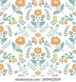 Seamless pattern with folk art design elements. Folk vector illustration with hares and Easter eggs on a white background. Scandinavian traditional motif