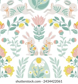 Seamless pattern with folk art design elements. Folk vector illustration with hares and Easter eggs on a white background. Scandinavian traditional motif