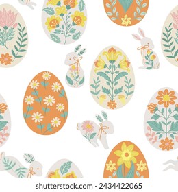 Seamless pattern with folk art design elements. Folk vector illustration with hares and Easter eggs on a white background. Scandinavian traditional motif