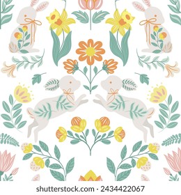 Seamless pattern with folk art design elements. Folk vector illustration with hares and Easter eggs on a white background. Scandinavian traditional motif