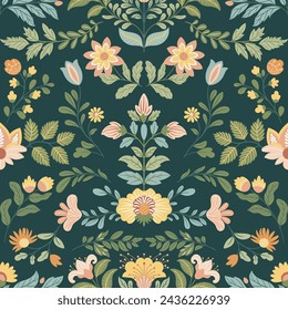 Seamless pattern with folk art design elements. Folk vector illustration with flowers on a dark background. Scandinavian traditional motif