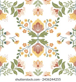 Seamless pattern with folk art design elements. Folk vector illustration with flowers on a dark background. Scandinavian traditional motif