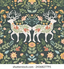 Seamless pattern with folk art design elements. Folk vector illustration with deer and flowers on a dark background. Scandinavian traditional motif