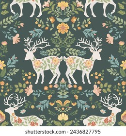 Seamless pattern with folk art design elements. Folk vector illustration with deer and flowers on a dark background. Scandinavian traditional motif