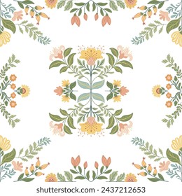 Seamless pattern with folk art design elements. Folk vector illustration with flowers on a dark background. Scandinavian traditional motif