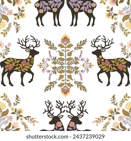 Seamless pattern with folk art design elements. Folk vector illustration with deer and flowers on a dark background. Scandinavian traditional motif