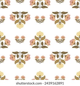 Seamless pattern with folk art design elements. Folk vector illustration with flowers on a dark background. Scandinavian traditional motif