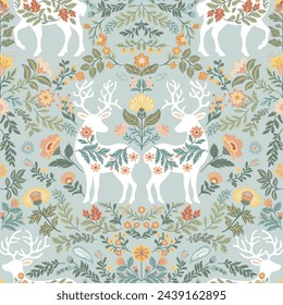 Seamless pattern with folk art design elements. Folk vector illustration with deer and flowers on a dark background. Scandinavian traditional motif