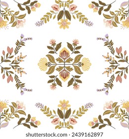 Seamless pattern with folk art design elements. Folk vector illustration with flowers on a dark background. Scandinavian traditional motif