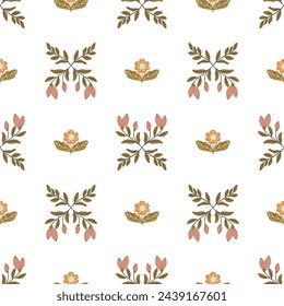 Seamless pattern with folk art design elements. Folk vector illustration with flowers on a dark background. Scandinavian traditional motif