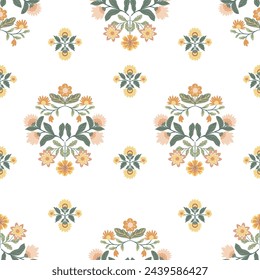 Seamless pattern with folk art design elements. Folk vector illustration with flowers on a dark background. Scandinavian traditional motif