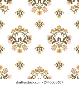 Seamless pattern with folk art design elements. Folk vector illustration with flowers on a dark background. Scandinavian traditional motif