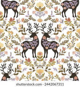 Seamless pattern with folk art design elements. Folk vector illustration with deer and flowers on a dark background. Scandinavian traditional motif